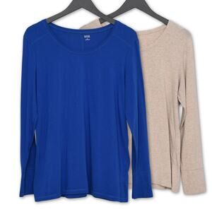 A.n.a Long Sleeve Shirts (SET OF 2) - Women's Medium - Solid Blue and Beige Tops